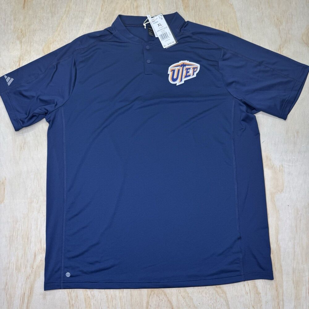 NEW UTEP Miners Adidas Henley Sport Collar Short Sleeve Polo Shirt Blue XL